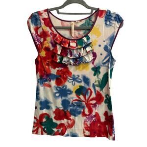 Little Yellow Button Size Medium M Floral Ruffle Neck Colorful Top